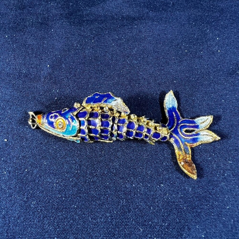 Vintage Chinese Cloisonné Blue & Gold Articulated Fish Pendant/Charm 3D Design 2